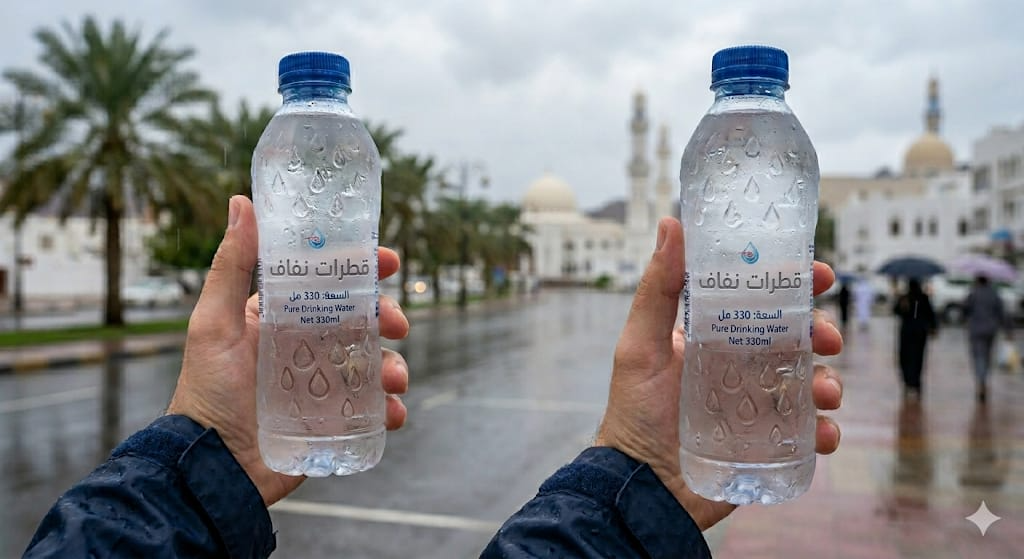 زجاجتا نفاف تُرفعان أمام مسجد في يوم مطير